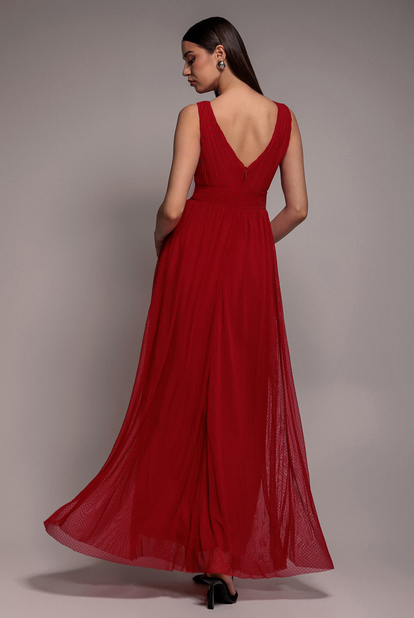Goddiva Sleeveless Pleated Dobby Mesh Corsage Maxi Dress - Red