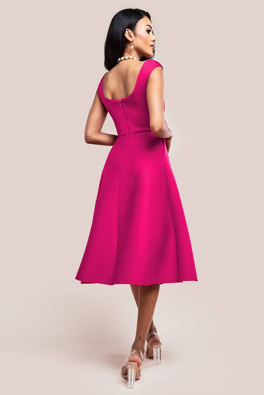 Goddiva Asymmetric Flared Hem Midi Dress - Magenta