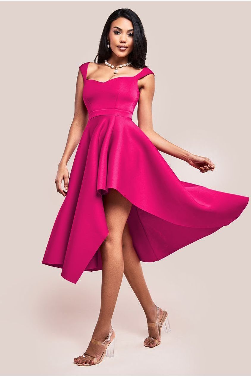 Asymmetric Flared Hem Midi Dress - Magenta | Goddiva US Asymmetric Flared Hem Midi Dress - Magenta | Goddiva US