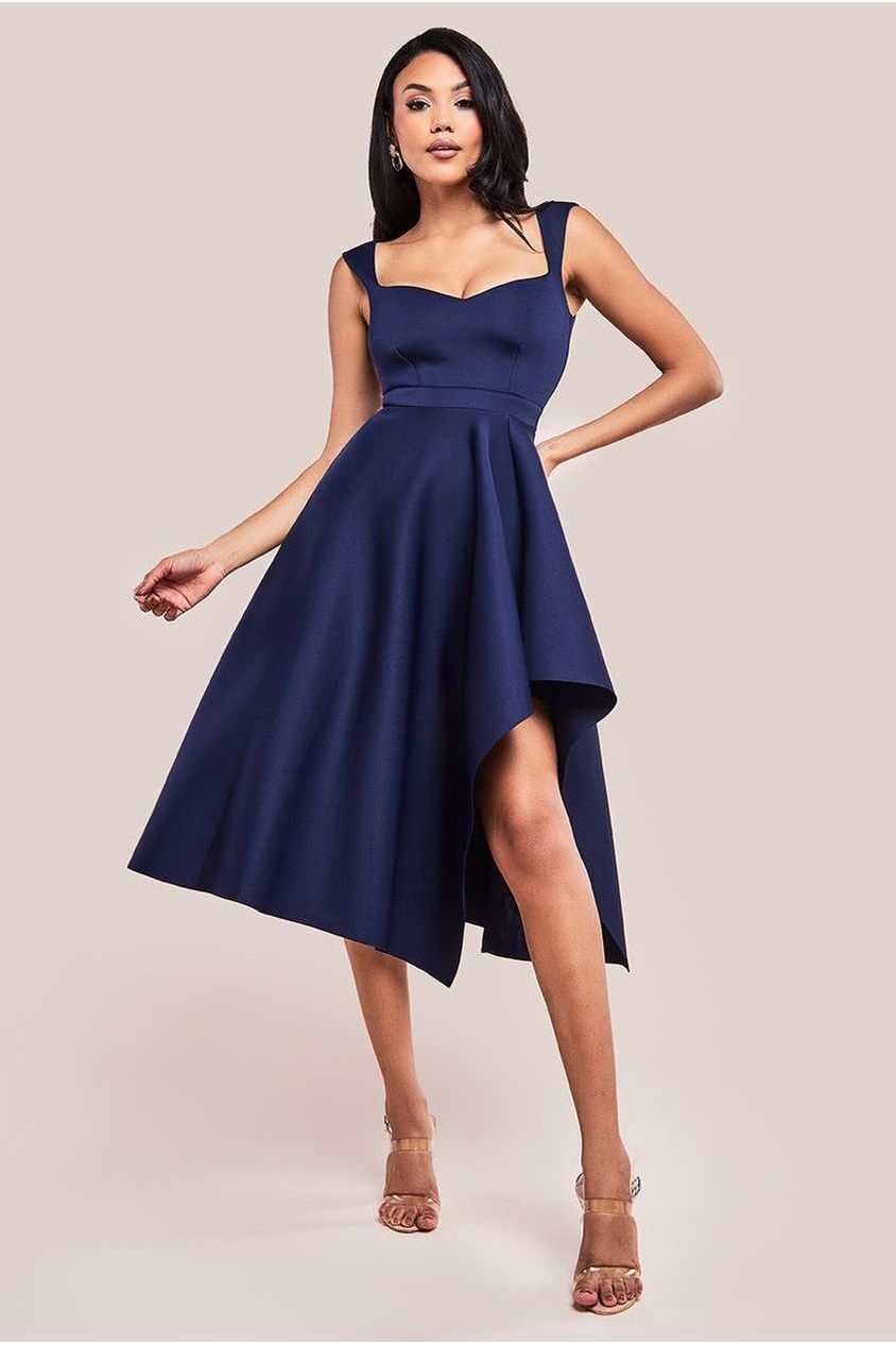 Goddiva Asymmetric Flared Hem Midi Dress - Navy