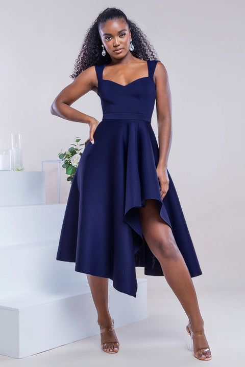 Goddiva Asymmetric Flared Hem Midi Dress - Navy