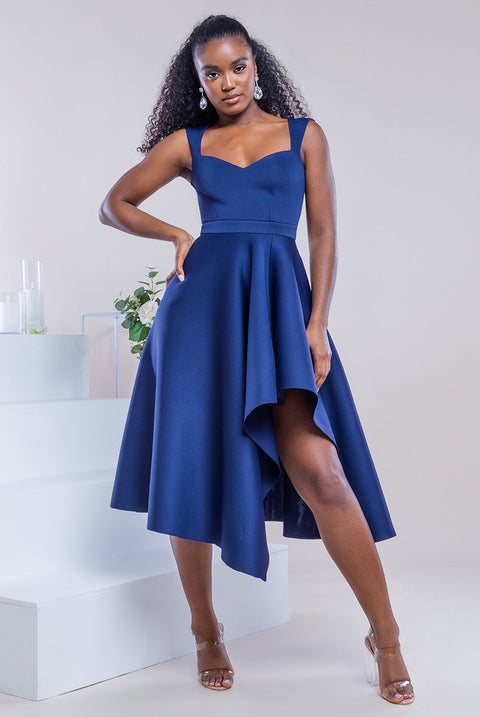 Goddiva Asymmetric Flared Hem Midi Dress - Navy