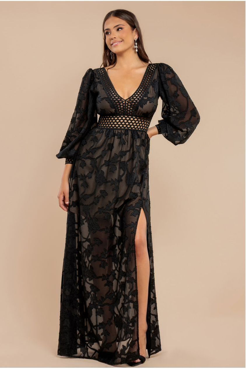 Goddiva Jacquard Lurex Burnout Front Split Maxi Dress - Black