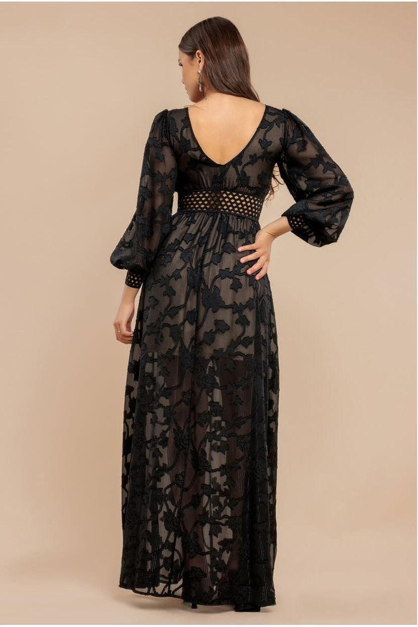 Goddiva Jacquard Lurex Burnout Front Split Maxi Dress - Black