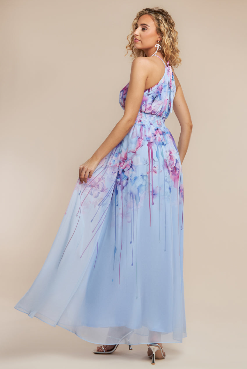 Goddiva Floral Printed Chiffon Halter Maxi Dress - Blue