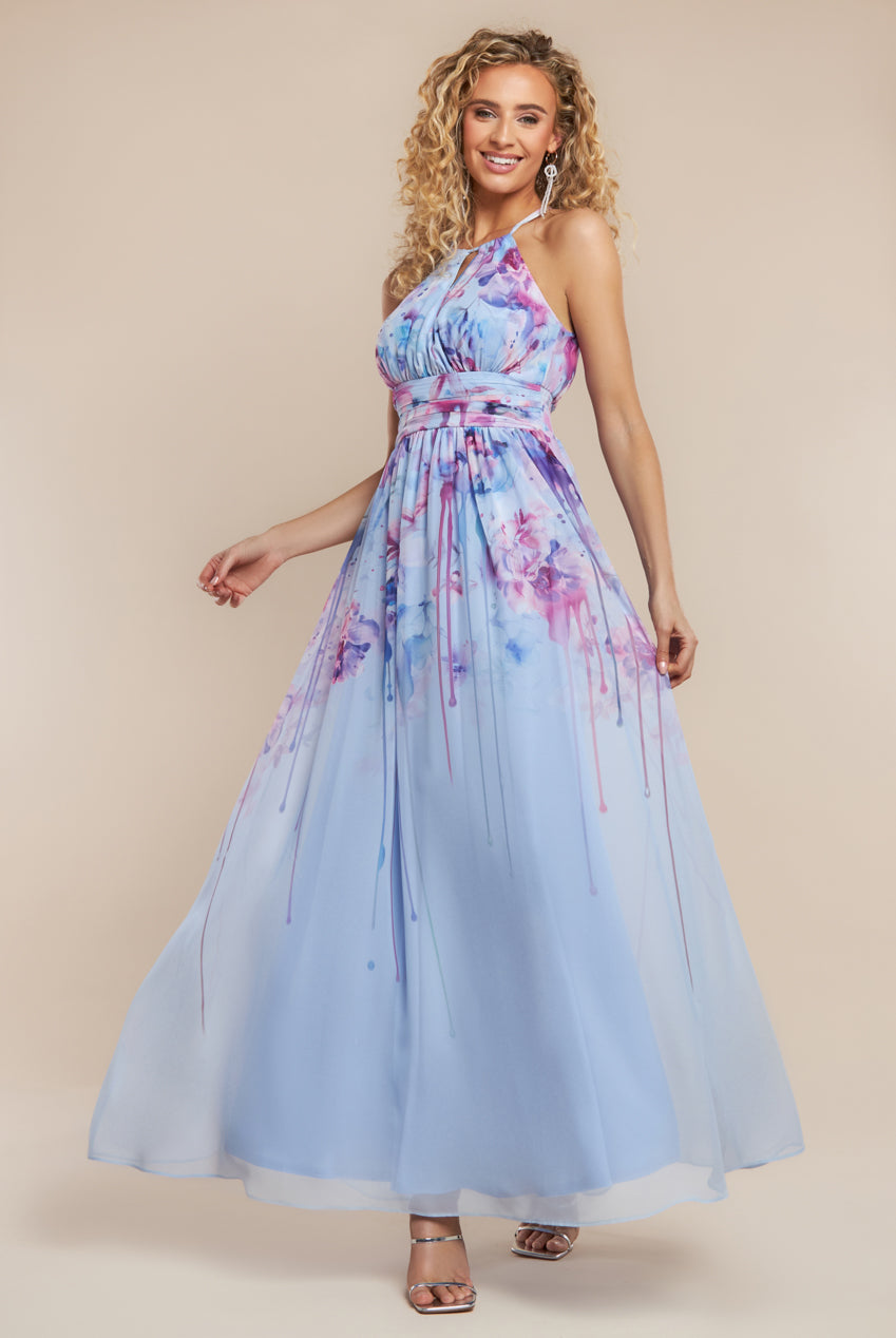 Goddiva Floral Printed Chiffon Halter Maxi Dress - Blue