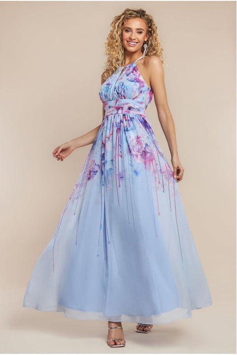 Goddiva Floral Printed Chiffon Halter Maxi Dress - Blue