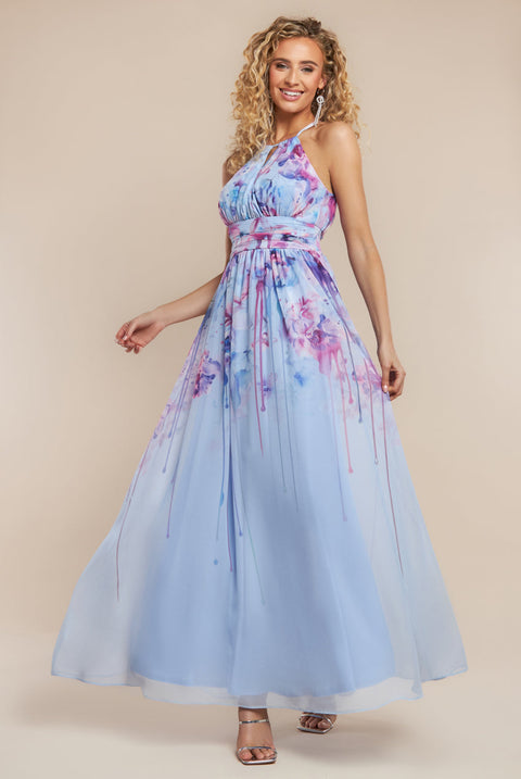 Goddiva Floral Printed Chiffon Halter Maxi Dress - Blue