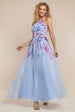 Goddiva Floral Printed Chiffon Halter Maxi Dress - Blue