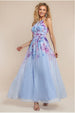 Goddiva Floral Printed Chiffon Halter Maxi Dress - Blue
