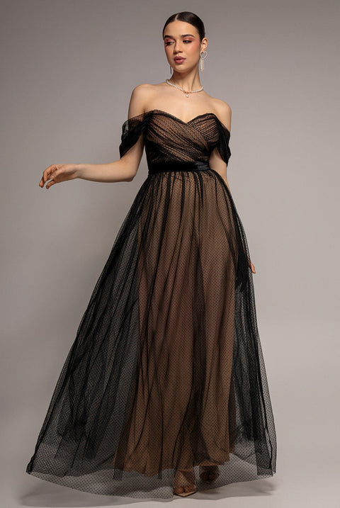 Goddiva Dobby Mesh Off The Shoulder Princess Maxi Dress - Black