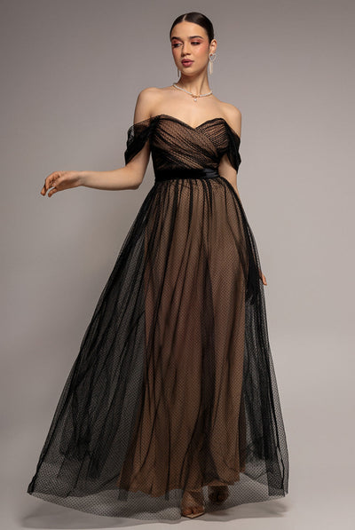 Black - Goddiva Dobby Mesh Off The Shoulder Princess Maxi Dress - Black