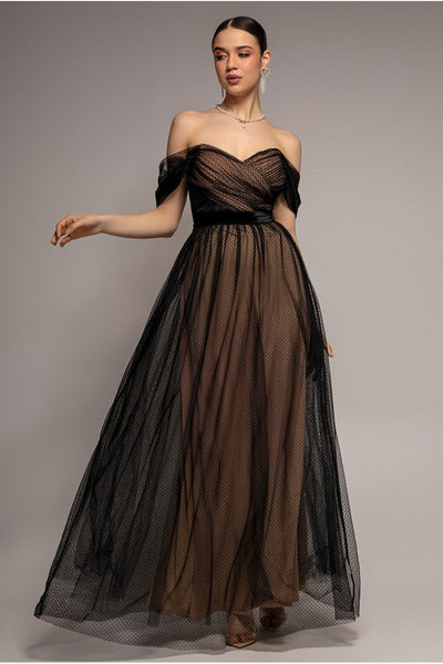 Black - Goddiva Dobby Mesh Off The Shoulder Princess Maxi Dress - Black