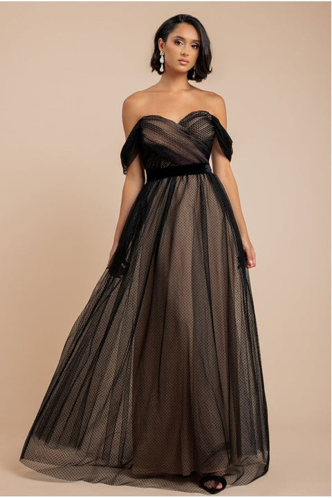 Goddiva Dobby Mesh Off The Shoulder Princess Maxi Dress - Black