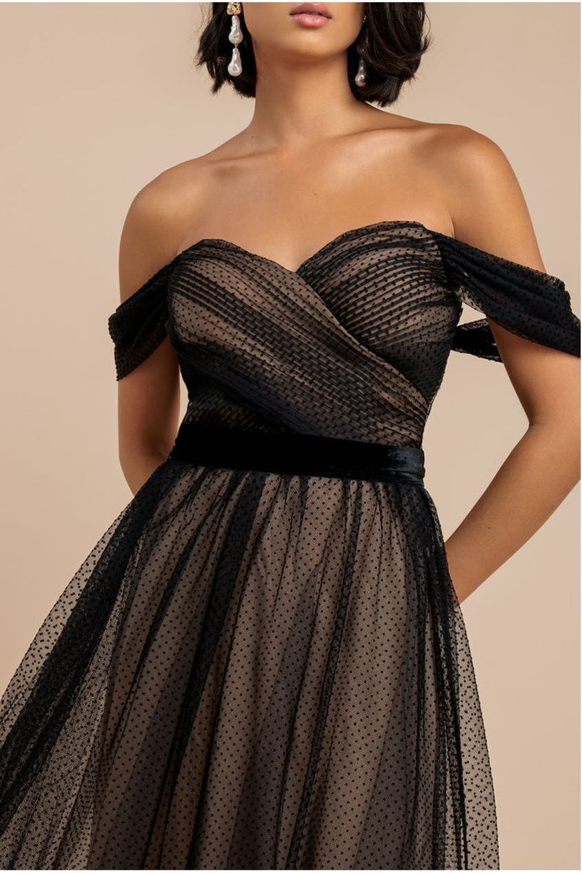 Goddiva Dobby Mesh Off The Shoulder Princess Maxi Dress - Black