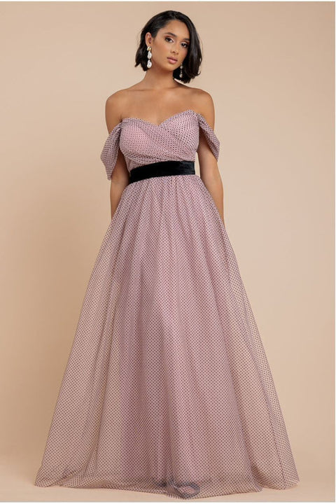 Goddiva Dobby Mesh Off The Shoulder Princess Maxi Dress - Blush
