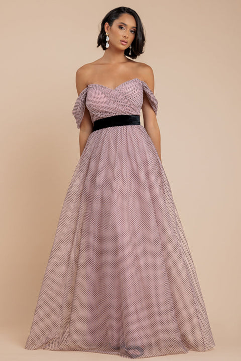 Goddiva Dobby Mesh Off The Shoulder Princess Maxi Dress - Blush