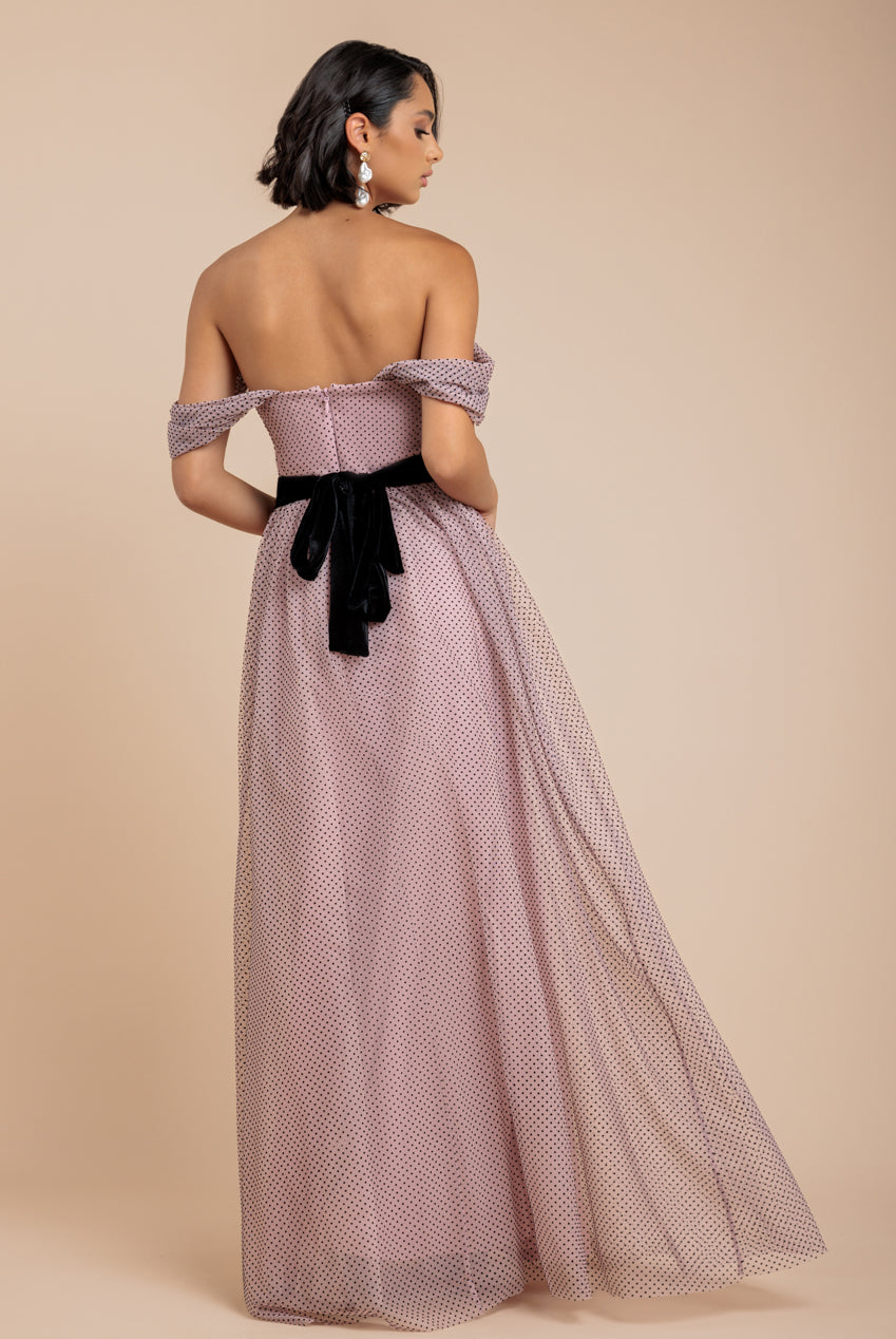 Goddiva Dobby Mesh Off The Shoulder Princess Maxi Dress - Blush