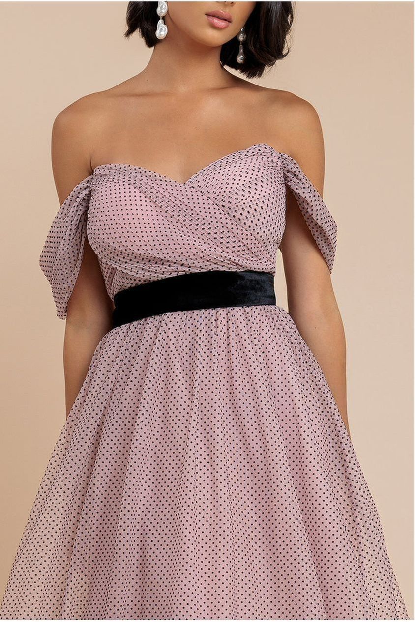 Goddiva Dobby Mesh Off The Shoulder Princess Maxi Dress - Blush