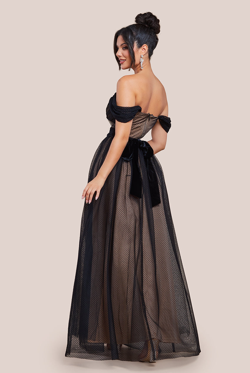 Goddiva Dobby Mesh Off The Shoulder Princess Maxi Dress - Black