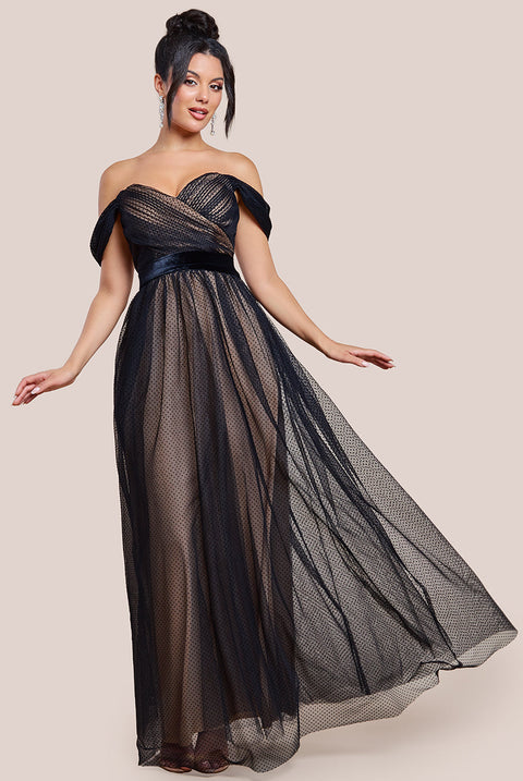 Goddiva Dobby Mesh Off The Shoulder Princess Maxi Dress - Black