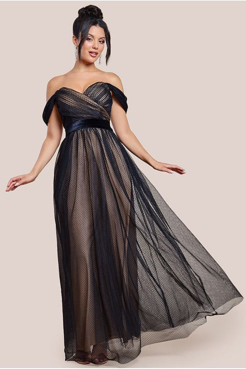 Goddiva Dobby Mesh Off The Shoulder Princess Maxi Dress - Black