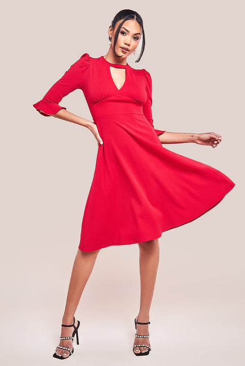 Goddiva Flared Sleeve Midi Dress - Red