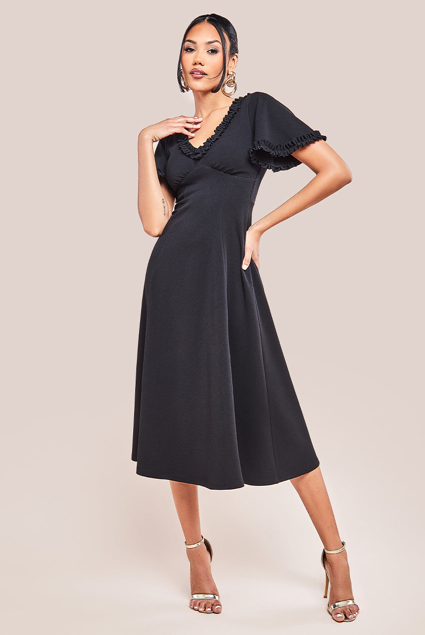 Goddiva Flare Sleeve Frill Edge Midi Dress - Black
