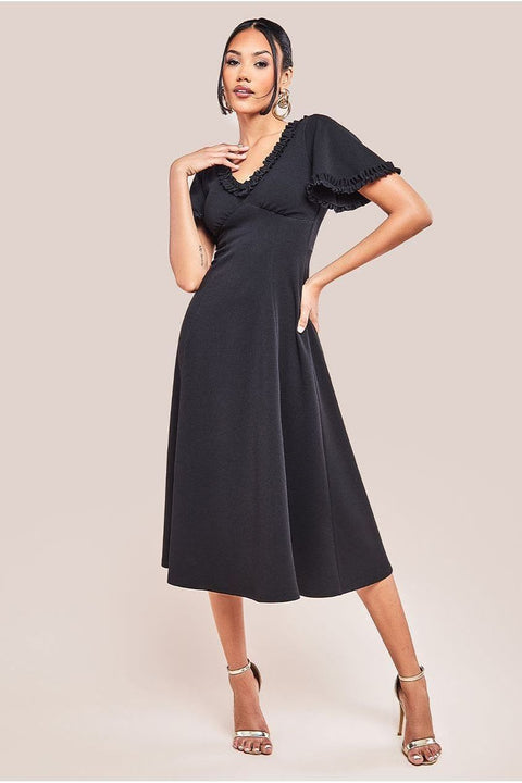 Goddiva Flare Sleeve Frill Edge Midi Dress - Black