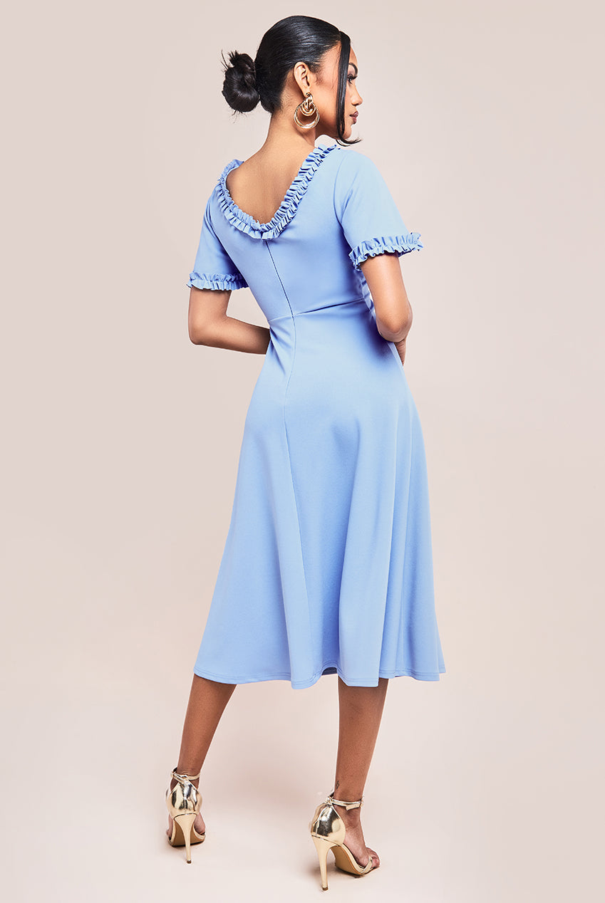 Goddiva Flare Sleeve Frill Edge Midi Dress - Cornflower Blue