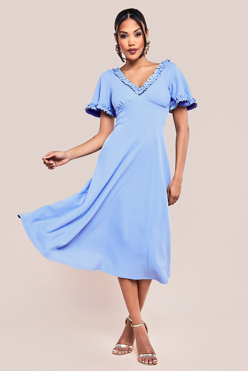 Goddiva Flare Sleeve Frill Edge Midi Dress - Cornflower Blue