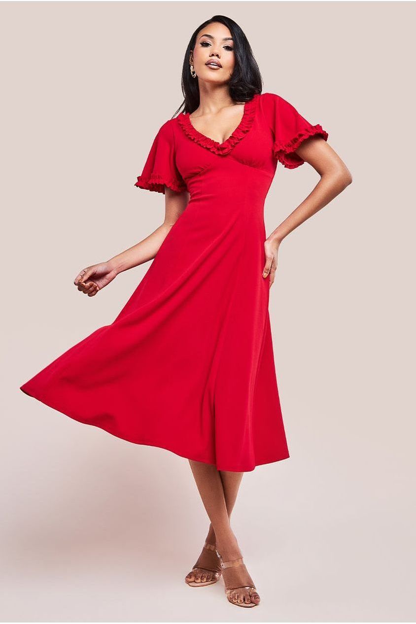 Goddiva Flare Sleeve Frill Edge Midi Dress - Red