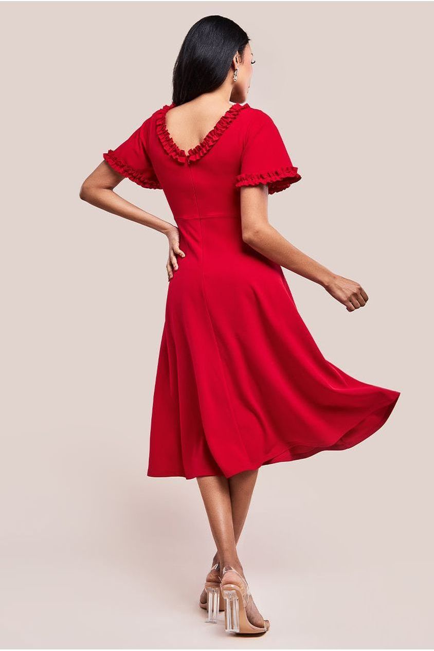 Goddiva Flare Sleeve Frill Edge Midi Dress - Red