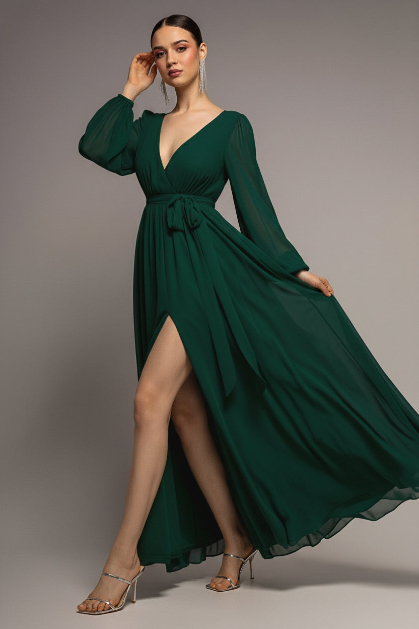 Goddiva Sustainable Front Split Wrap Style Chiffon Maxi Dress - Dark Green
