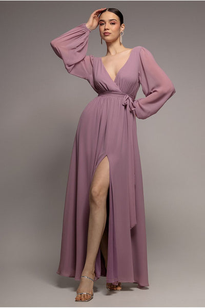Dustylavender - Goddiva Sustainable Front Split Wrap Style Chiffon Maxi Dress - Dusty Lavender