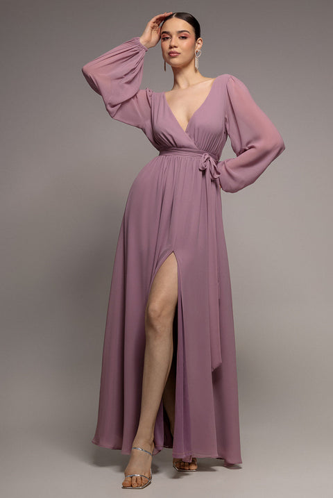 Goddiva Sustainable Front Split Wrap Style Chiffon Maxi Dress - Dusty Lavender