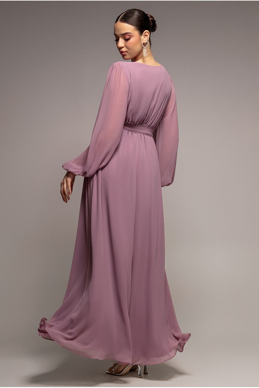 Goddiva Sustainable Front Split Wrap Style Chiffon Maxi Dress - Dusty Lavender