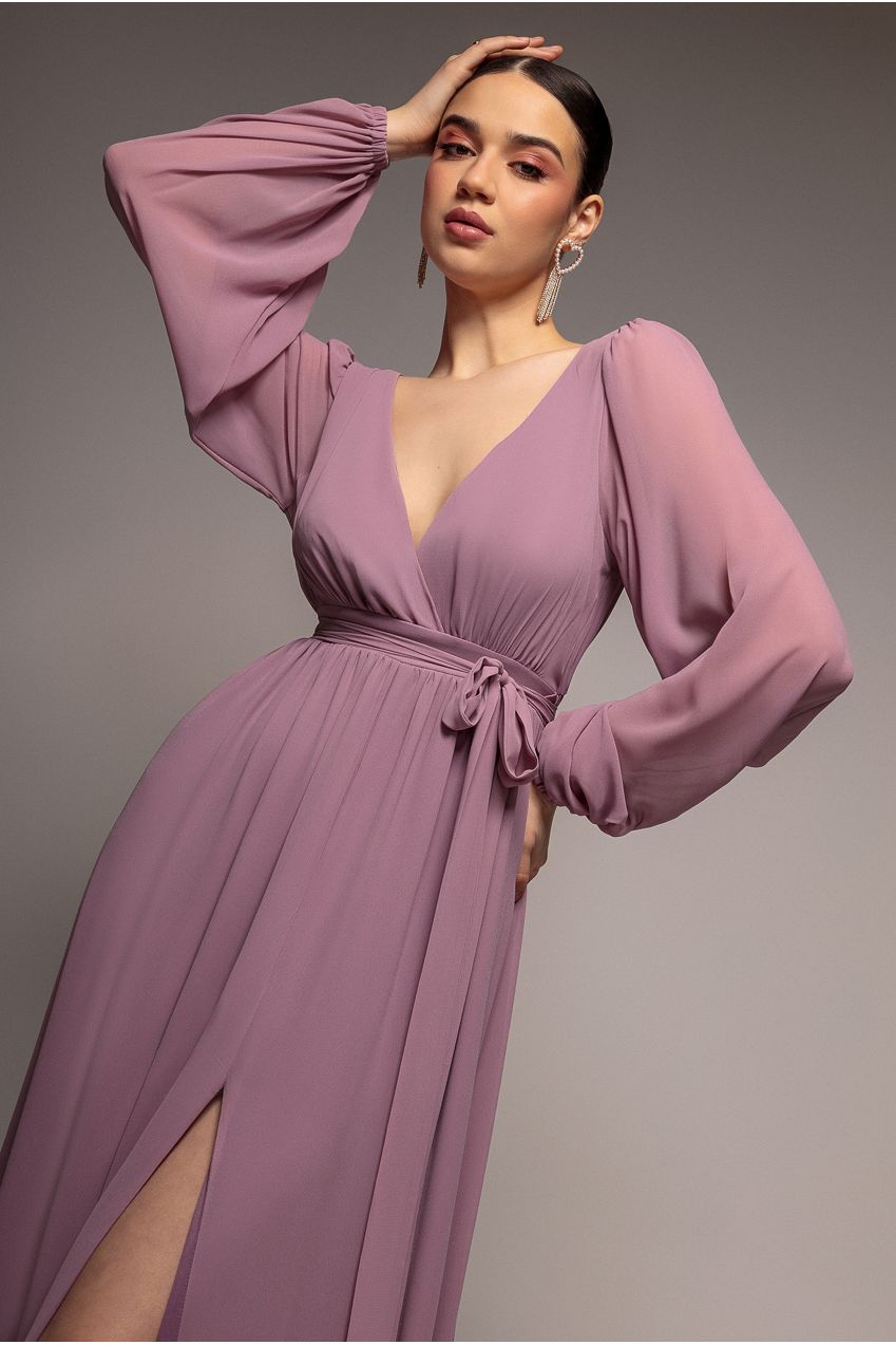 Goddiva Sustainable Front Split Wrap Style Chiffon Maxi Dress - Dusty Lavender