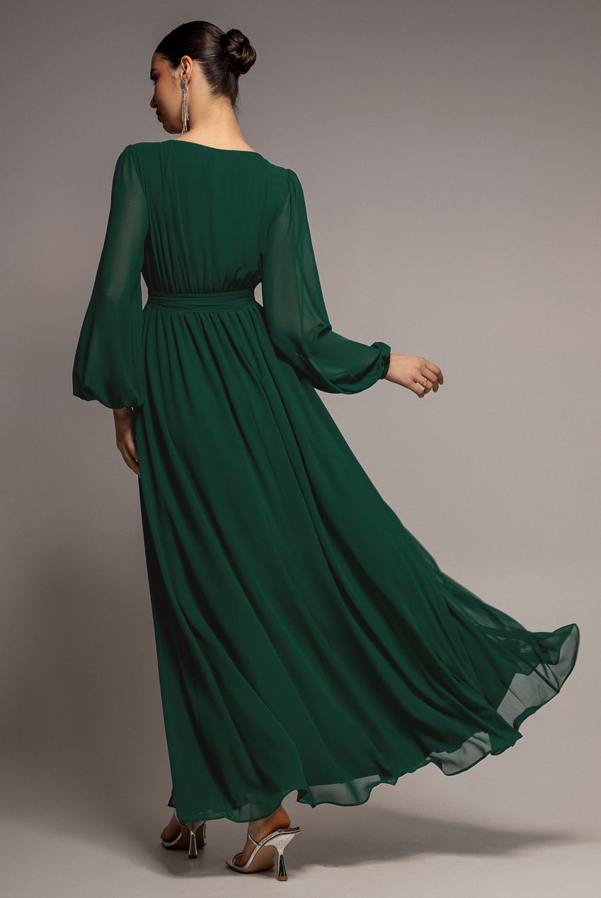 Goddiva Sustainable Front Split Wrap Style Chiffon Maxi Dress - Green