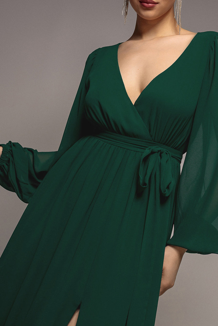 Goddiva Sustainable Front Split Wrap Style Chiffon Maxi Dress - Green
