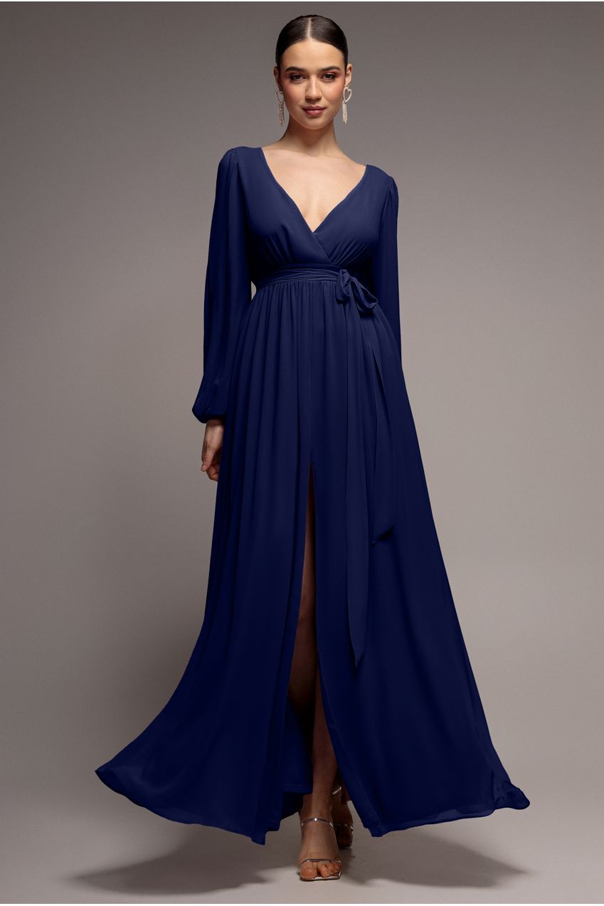Goddiva Sustainable Front Split Wrap Style Chiffon Maxi Dress