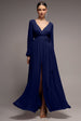 Goddiva Sustainable Front Split Wrap Style Chiffon Maxi Dress - Navy Blue