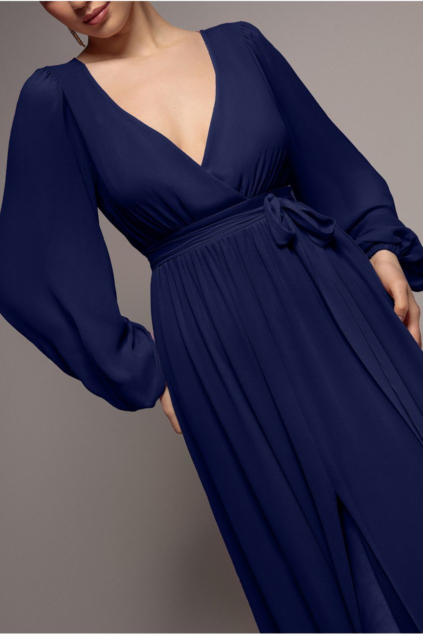 Goddiva Sustainable Front Split Wrap Style Chiffon Maxi Dress - Navy Blue