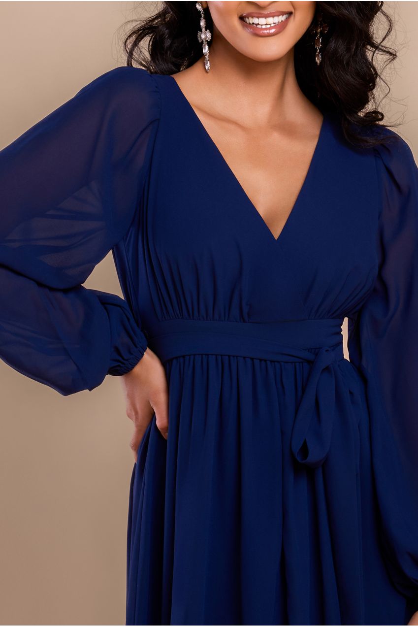 Goddiva Sustainable Front Split Wrap Style Chiffon Maxi Dress - Navy Blue