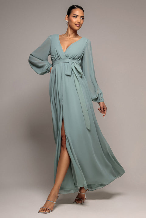 Goddiva Sustainable Front Split Wrap Style Chiffon Maxi Dress - Sage Green