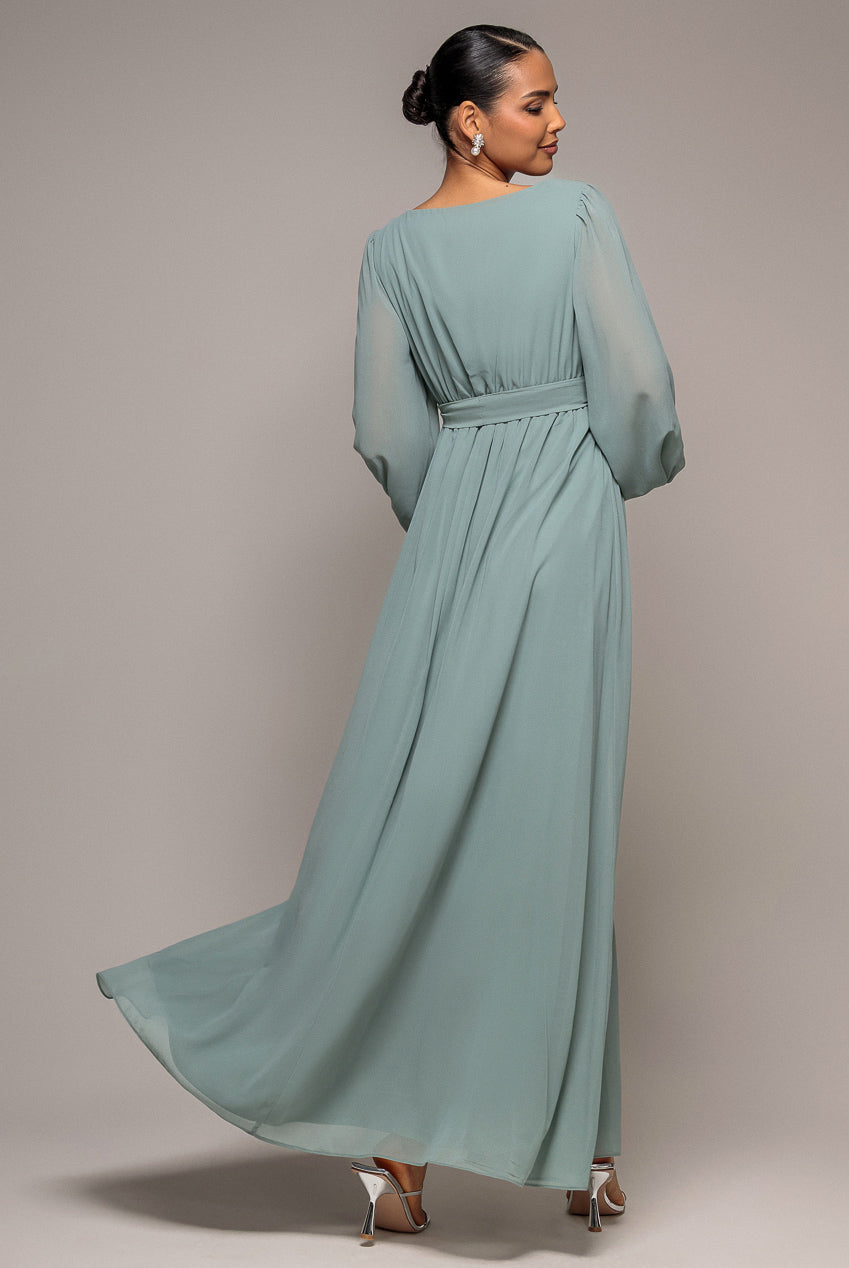 Goddiva Sustainable Front Split Wrap Style Chiffon Maxi Dress - Sage Green