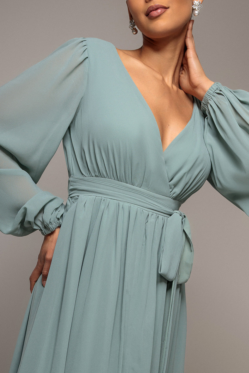 Goddiva Sustainable Front Split Wrap Style Chiffon Maxi Dress - Sage Green