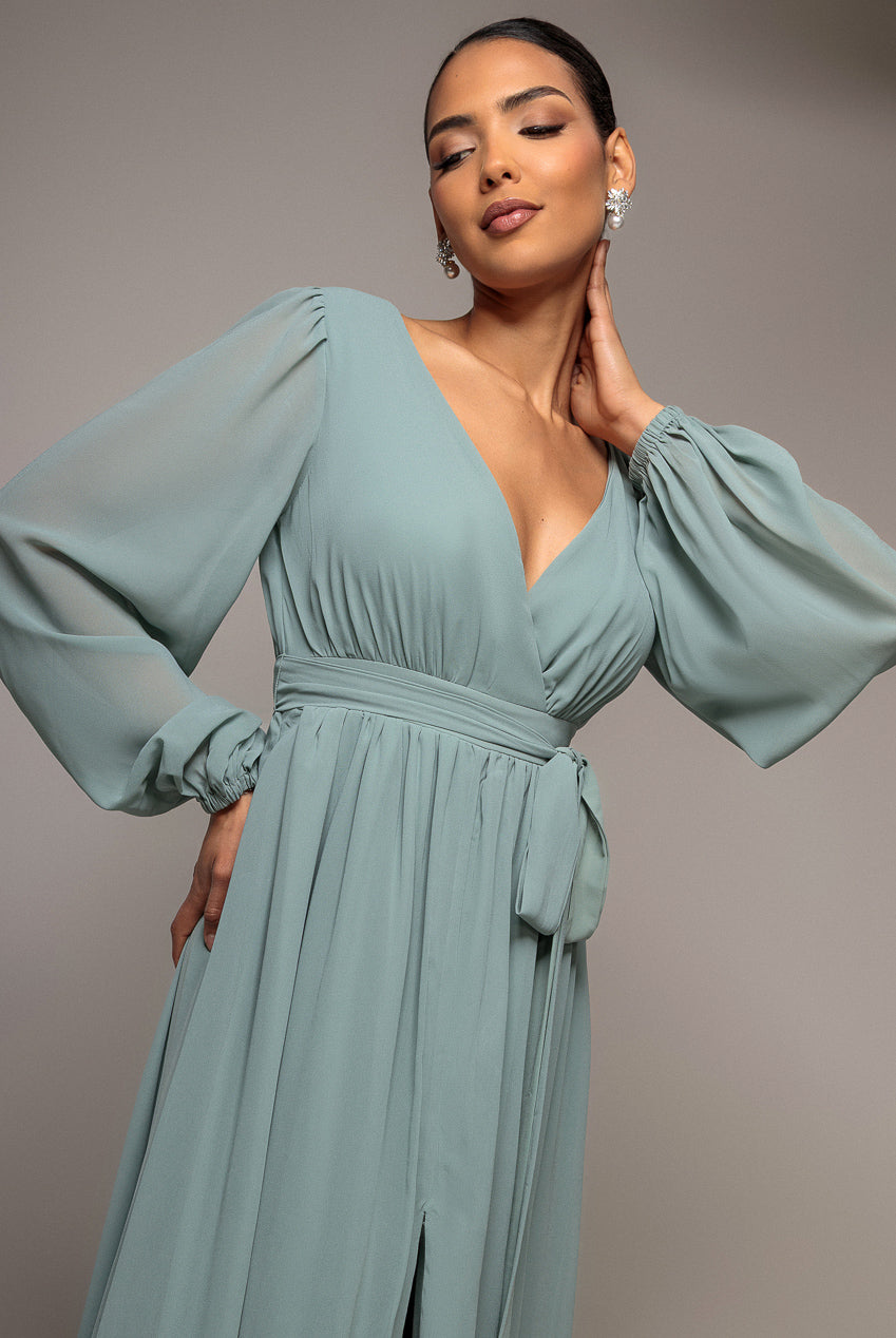 Goddiva Sustainable Front Split Wrap Style Chiffon Maxi Dress - Sage Green