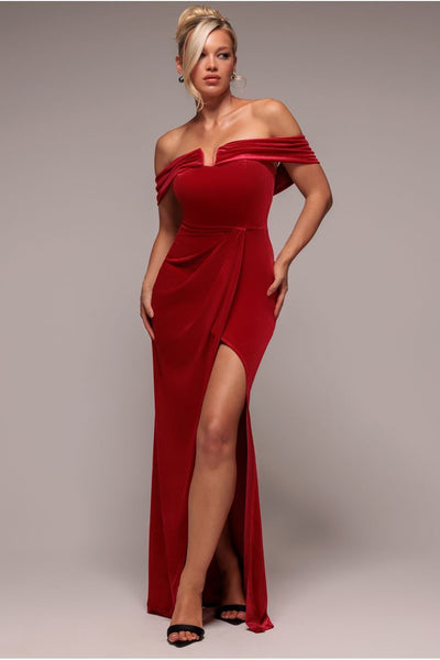 Red - Goddiva Off The Shoulder Front Split Velvet Maxi Dress - Red