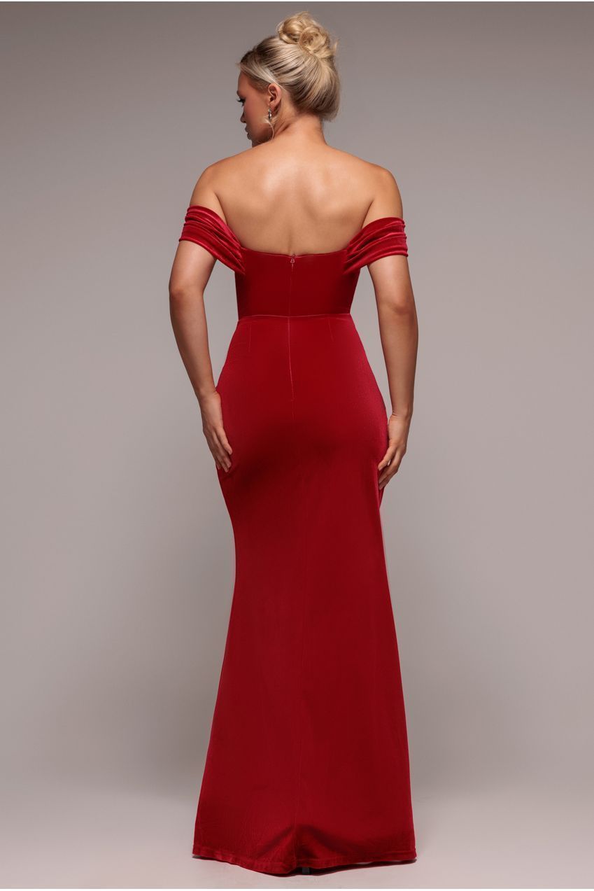 Goddiva Off The Shoulder Front Split Velvet Maxi Dress - Red